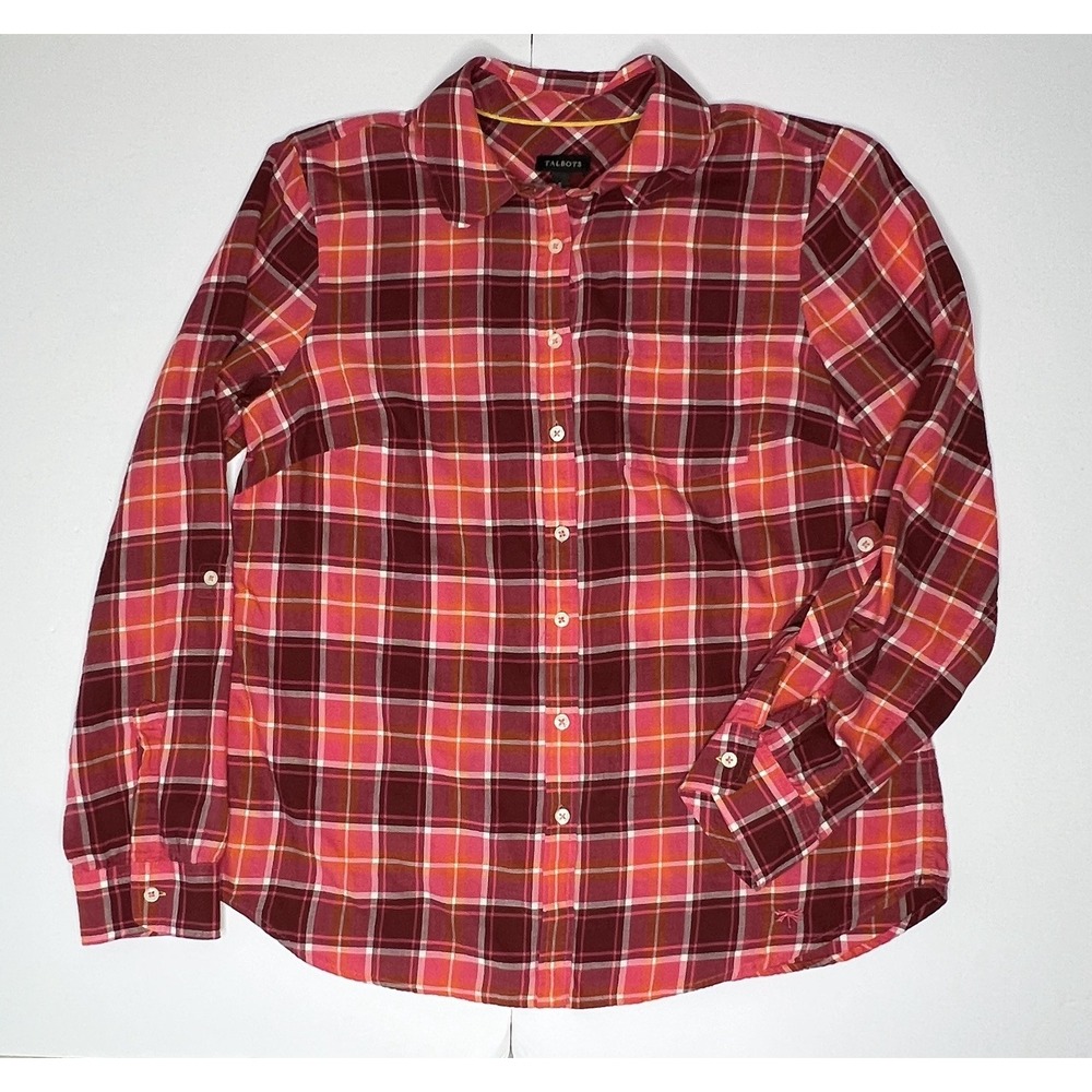 Talbots Women Small Red Pink Plaid Cotton Roll Tab Long Sleeve Casual Shirt